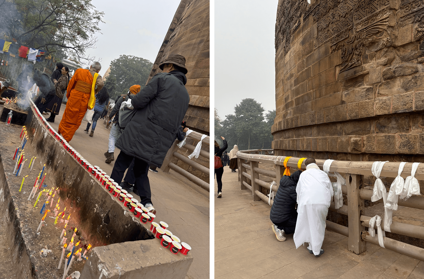 Candles, water and Khata offerings at Dhamek stupa
