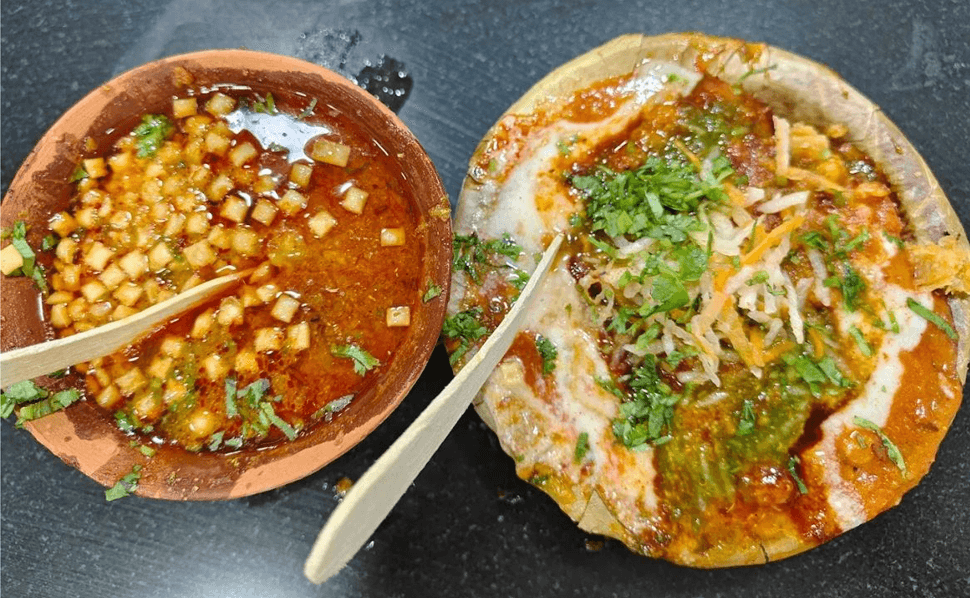 Banarasi Tamatar chaat (left) and Palak patta chaat (right)
