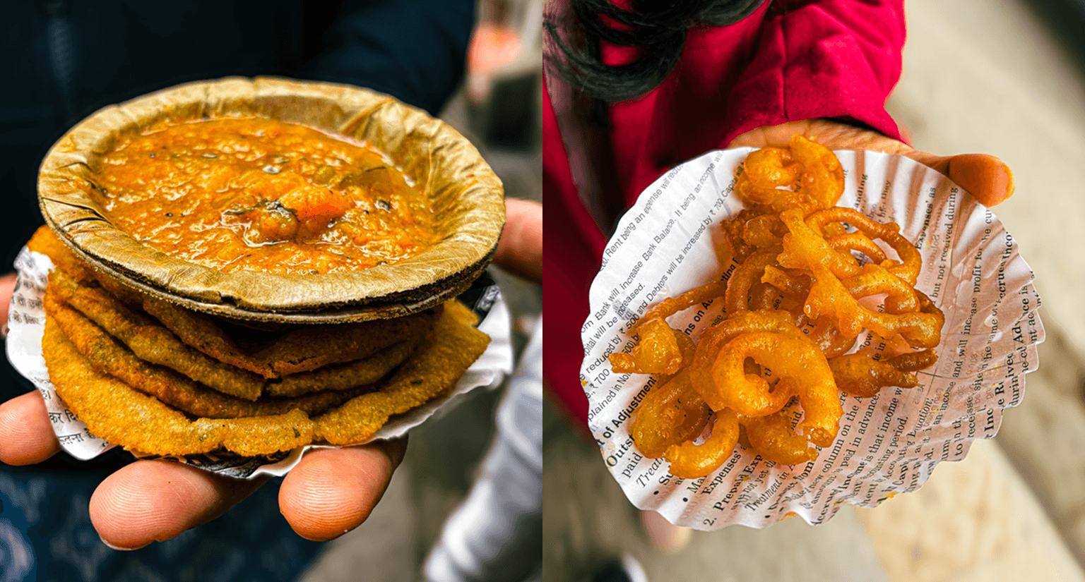 Badi Kachori aur sabzi (left), Jalebi (right)