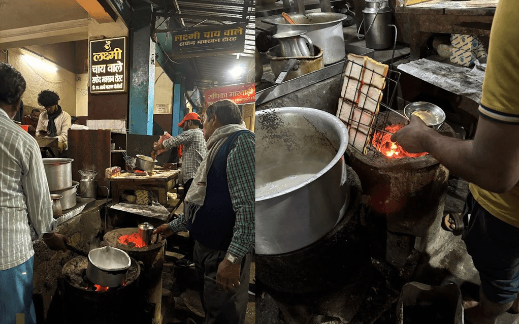 Tea and bread toasting over coal at Lakshmi Chai Wale