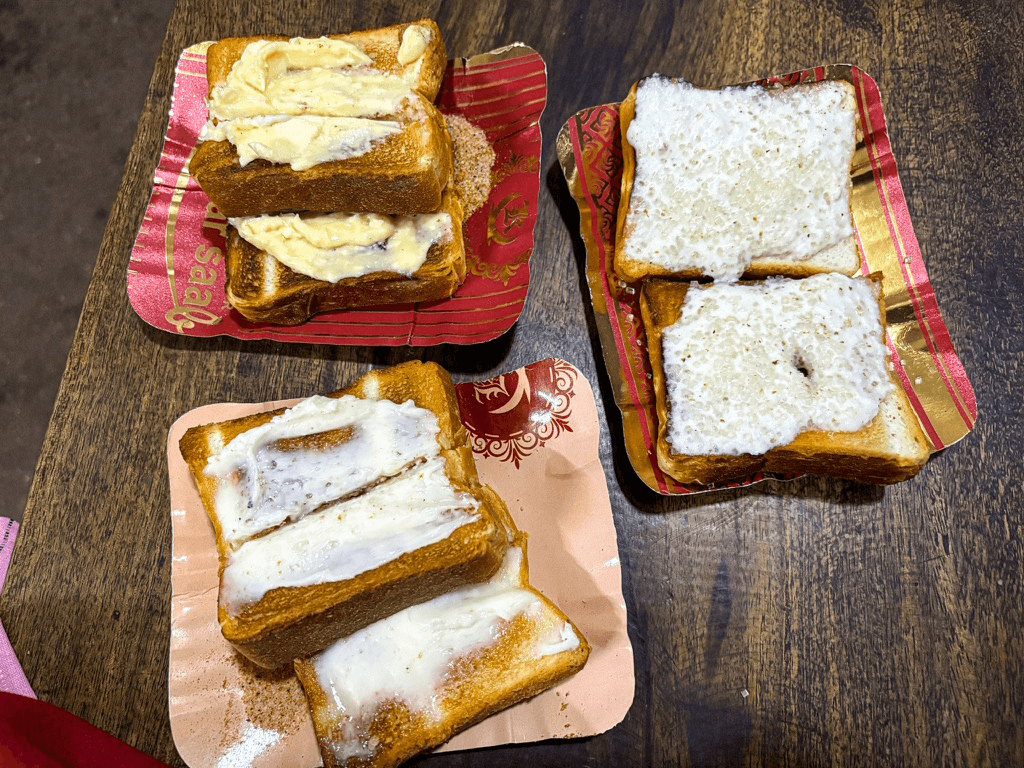Butter toast (salted and white) and Malai toast sprinkled with sugar